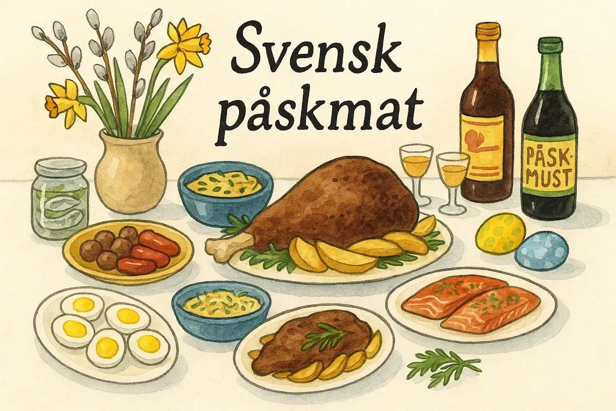 En illustration av svensk påskmat: köttbullar, prinskorv, lax, ägg, kalkon, potatis, sill, påskmust och påskris.