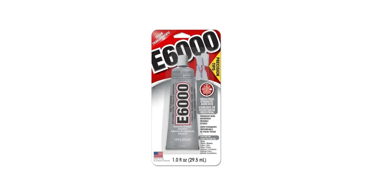 E6000 Industrial Strength Adhesive in a clear tube with precision tips. This adhesive is waterproof, paintable, and flexible, making it a great option for repairs on plastic and other materials.