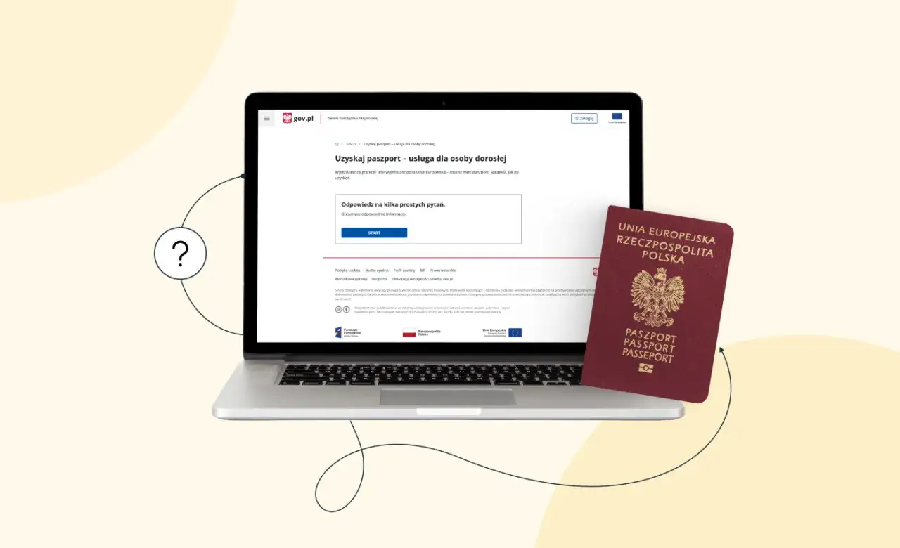 Na ekranie laptopa widoczna jest strona gov.pl dotycząca uzyskania paszportu. Obok leży czerwony paszport. Dowiedz się, ile trwa wyrobienie paszportu.