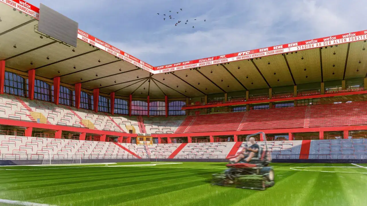 Stadion An Der Alten Försterei, domowy obiekt klubu piłkarskiego z Berlina, przygotowywany do meczu.