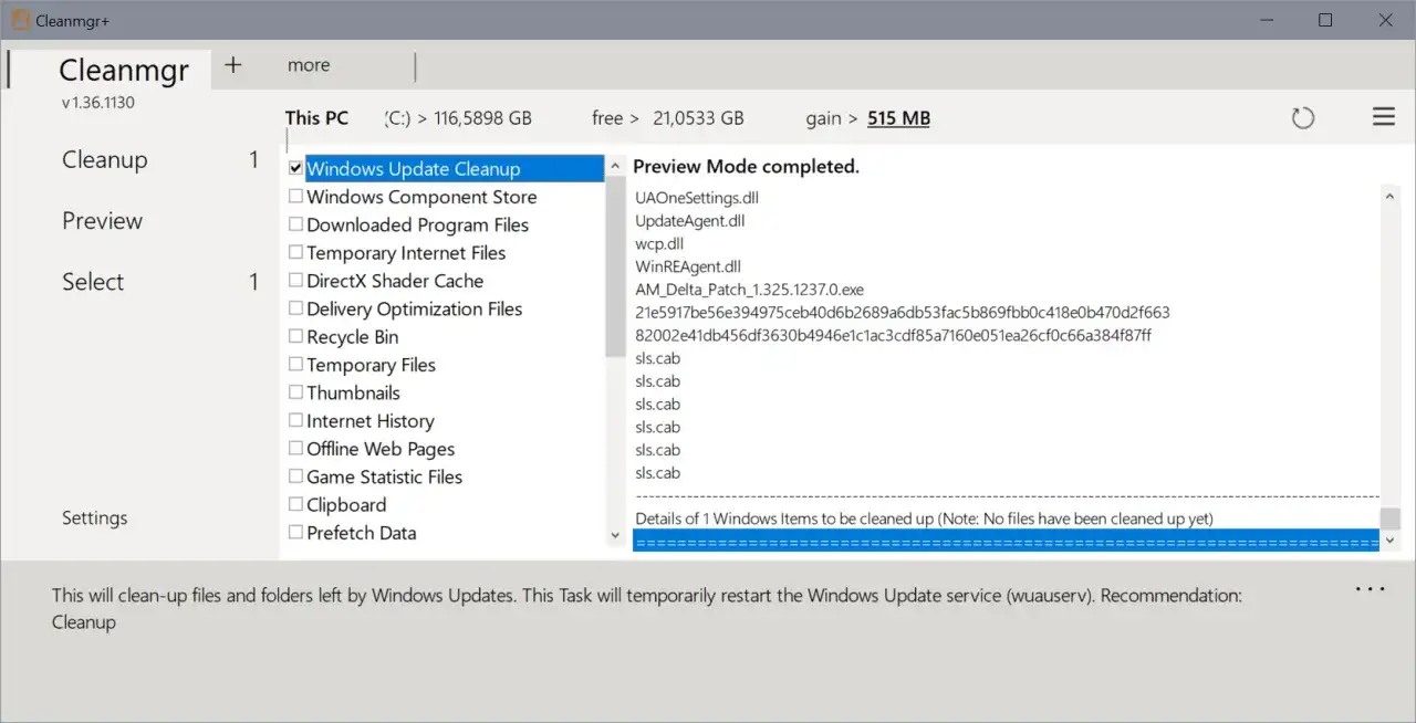 Czyszczenie Windows 10: zaznaczono 