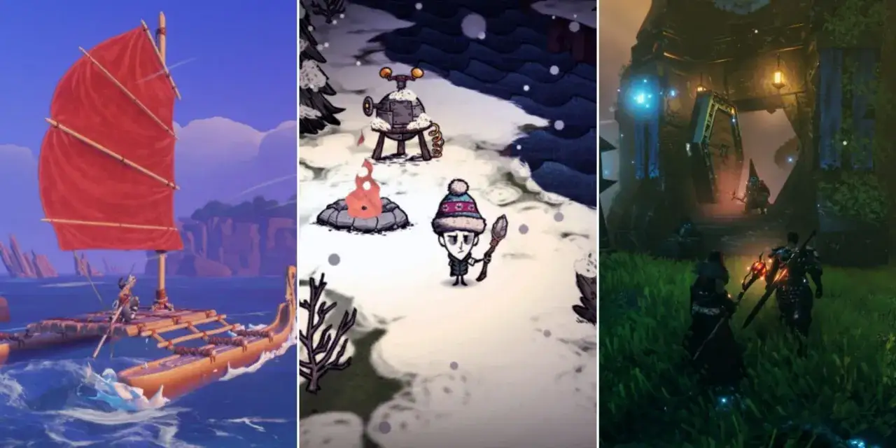 Trzy gry survivalowe: żegluga na tratwie, postać w zimowym krajobrazie i eksploracja mrocznego portalu. Gry podobne do Don't Starve.