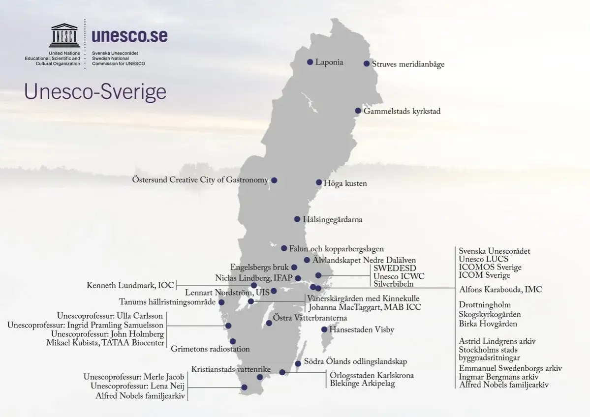 Sveriges världsarv, från Laponia i norr till Blekinge Arkipelag i söder, markerade på en karta.