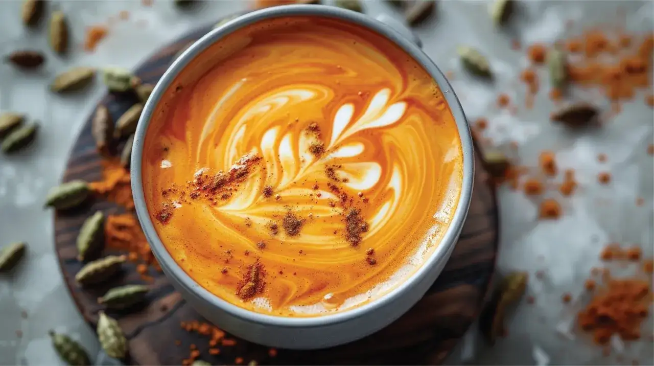 Ein cremiger Kurkuma Kaffee mit Latte Art, umgeben von Kardamomkapseln und Kurkumapulver.