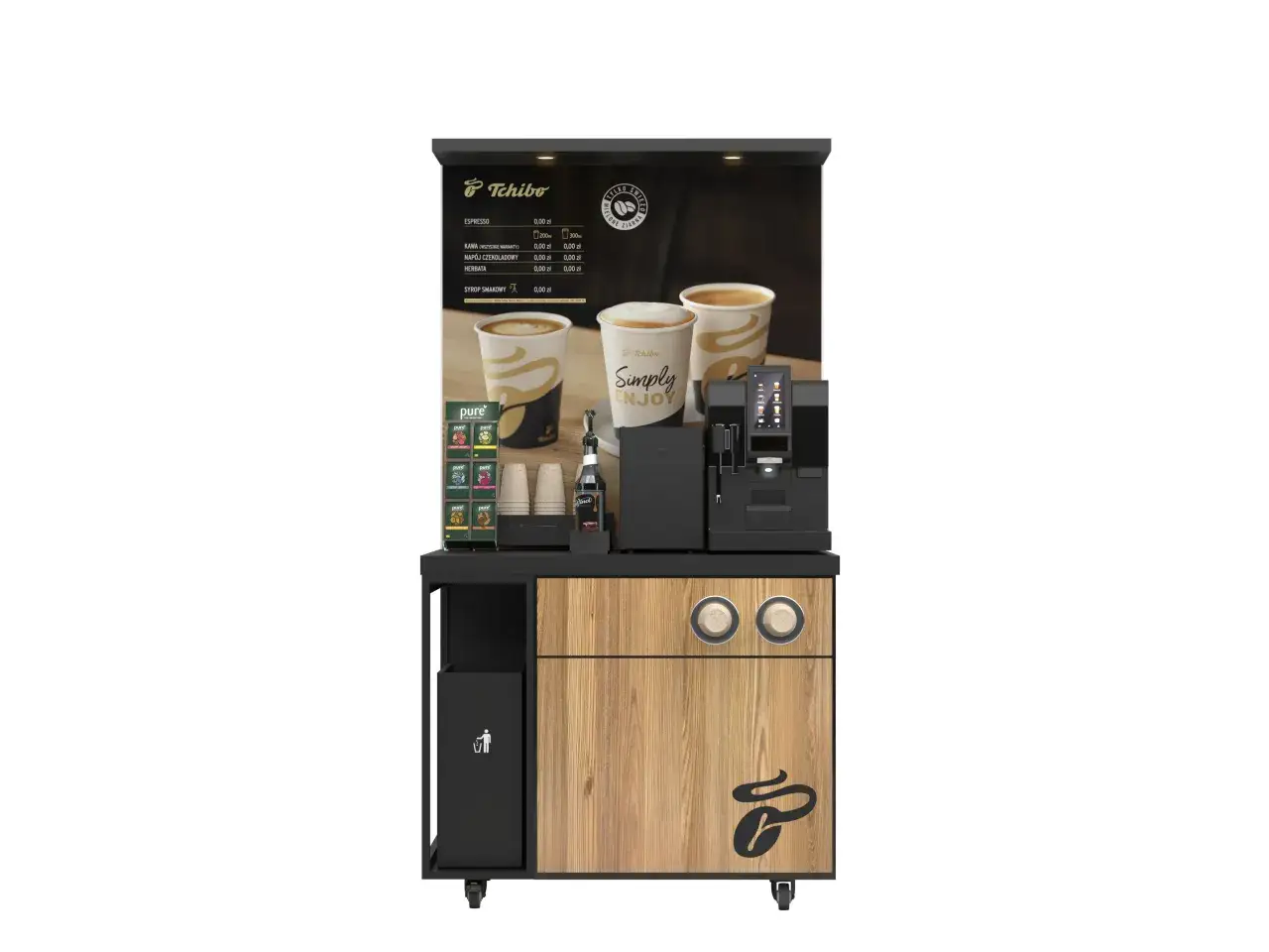 Nowoczesny kącik kawowy (coffee bar) z profesjonalnym ekspresem, kubkami i syropami. Idealny, by zaplanować stylowe miejsce na kawę.