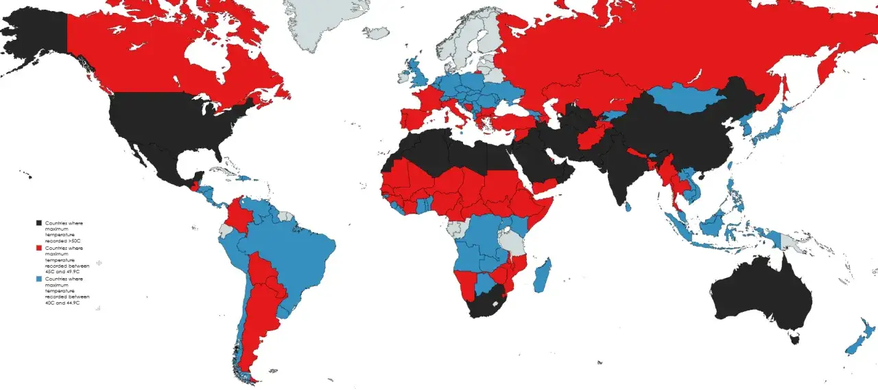 V&auml;rldskarta som visar h&ouml;gsta uppm&auml;tta temperaturer. Svart markerar &ouml;ver 50&deg;C, r&ouml;tt 45-49.9&deg;C och bl&aring;tt 40-44.9&deg;C. M&aring;nga l&auml;nder i Afrika och Asien &auml;r bland de varmaste l&auml;nderna.