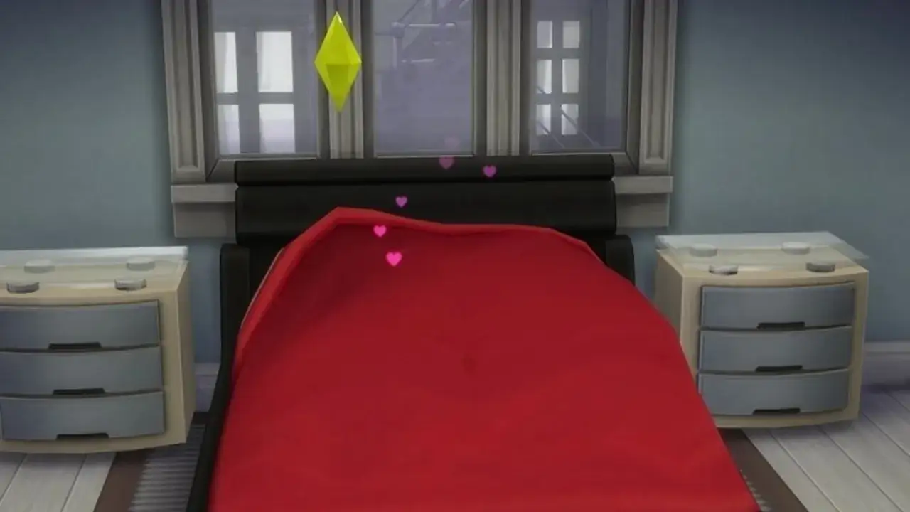 Łóżko z czerwonymi kołdrami i serduszkami unoszącymi się w powietrzu, symbolizujące romantyczne chwile w grze **Woohoo Sims 4**.