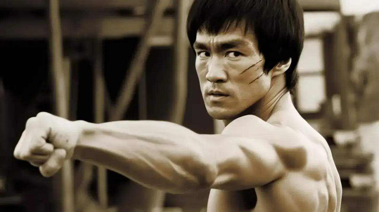 Bruce Lee w pozie bojowej, z determinacją w oczach. Jego słynne **bruce lee cytaty** inspirują do przekraczania własnych granic.