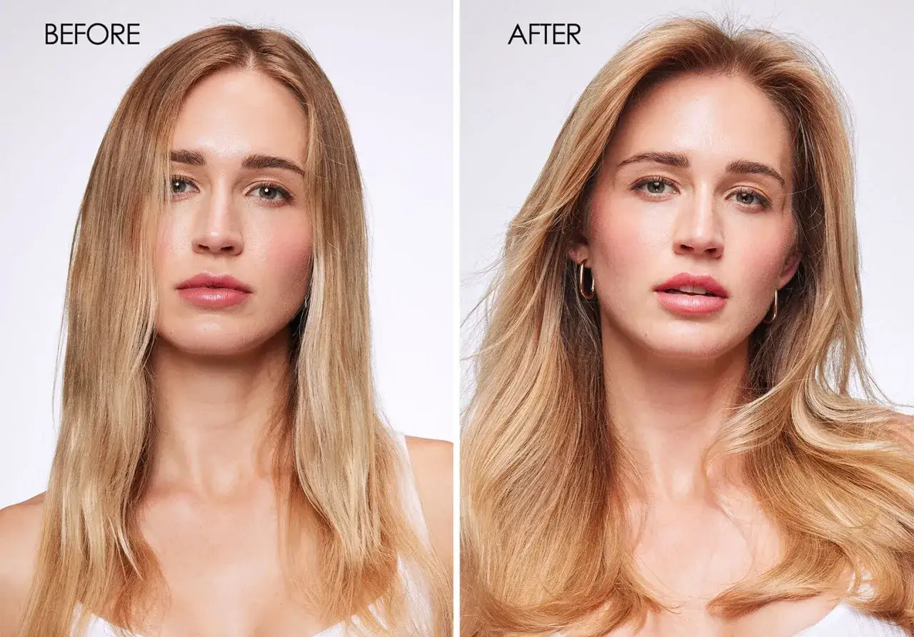 Avant/apr&egrave;s : une femme retrouve une masse capillaire naturellement plus volumineuse et brillante.