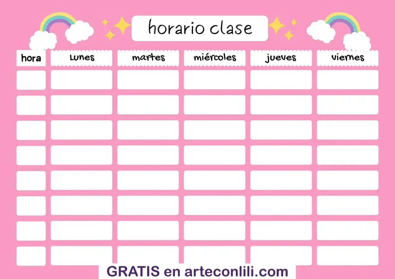 Plantillas bonitos horarios para imprimir con arco&iacute;ris y estrellas. Organiza tu semana con estas plantillas gratuitas.