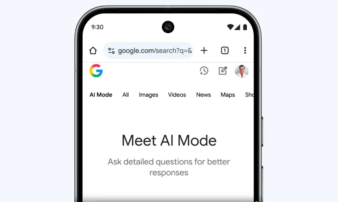 Telefon z włączonym trybem AI w Google. Poznaj AI Mode, zadawaj szczegółowe pytania, by uzyskać lepsze odpowiedzi.