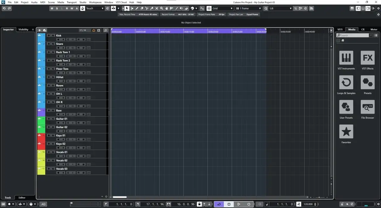 Cubase-Projekt mit Spuren für Schlagzeug, Bass, Gitarre, Keys und Vocals. Hier wird Audio zu MIDI konvertiert.
