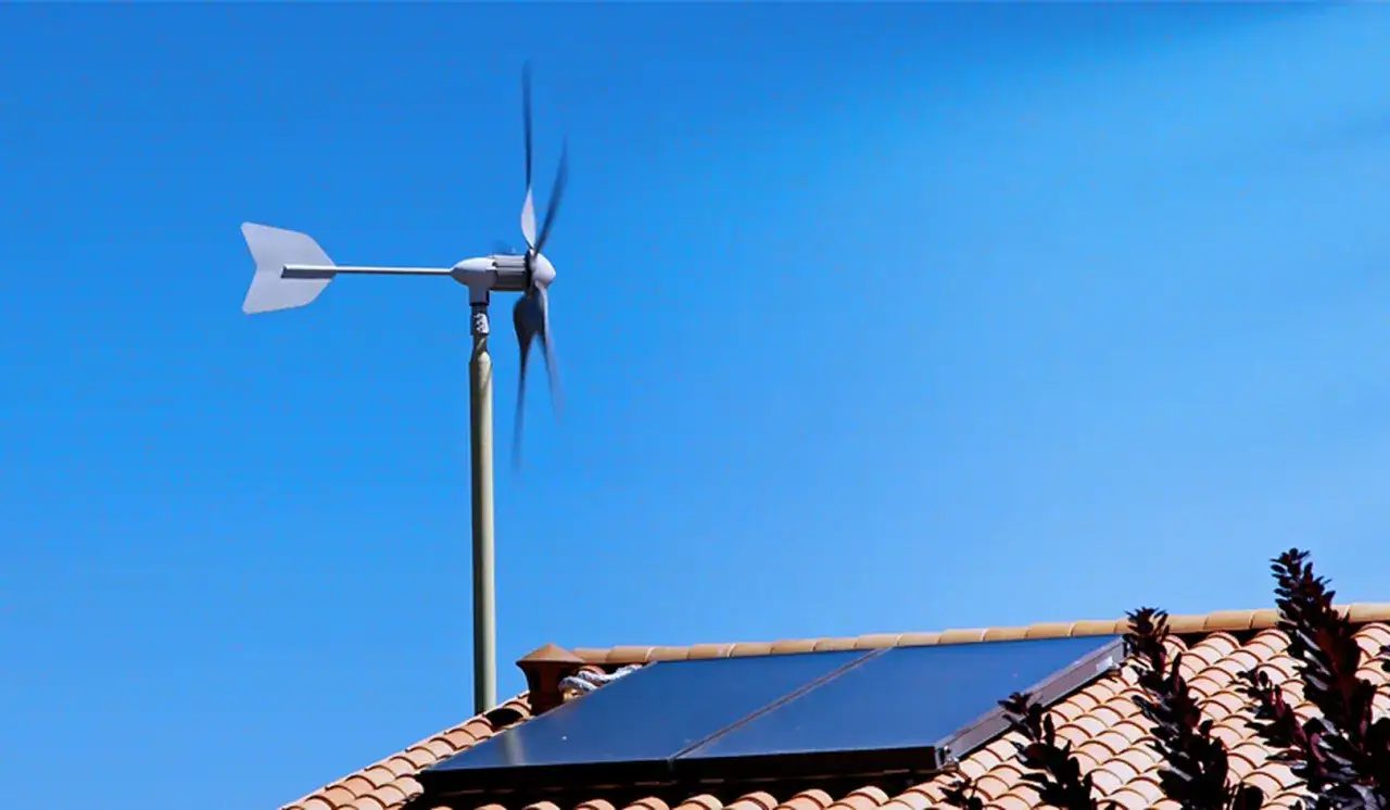 Moja elektrownia wiatrowa, mała turbina na maszcie, obok paneli słonecznych na dachu, pod błękitnym niebem.