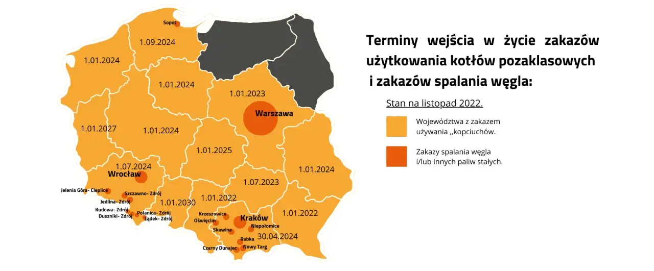 Mapa Polski z terminami wymiany kotł&oacute;w antysmogowych wojew&oacute;dztwa