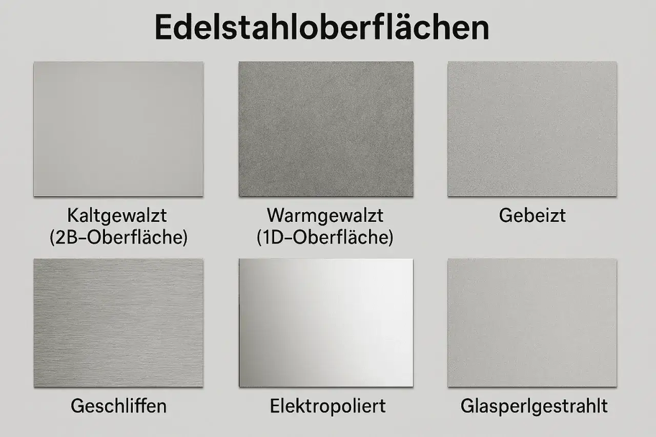 Sechs Edelstahl-Oberfl&auml;chen: kaltgewalzt, warmgewalzt, gebeizt, geschliffen, elektropoliert und glasperlgestrahlt. Das elektropolierte Muster zeigt das Ergebnis von Edelstahl polieren.
