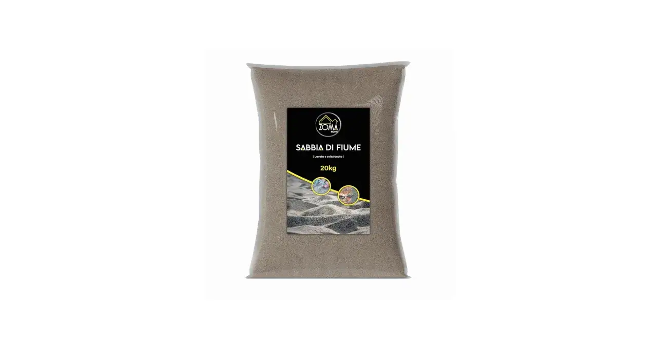 Sacco da 20kg di sabbia di fiume lavata e selezionata, ideale per acquari e decorazioni.