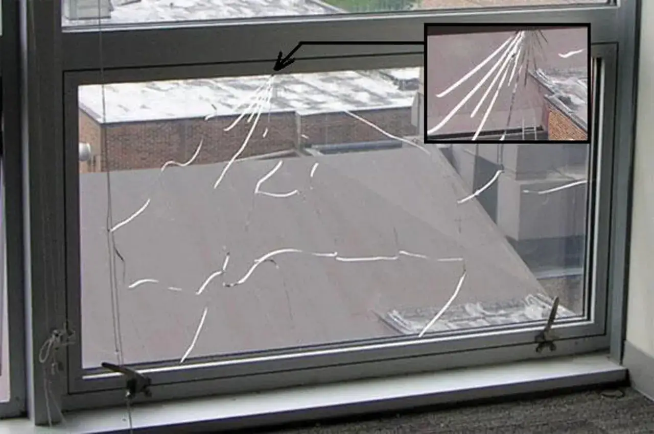 Une vitre bris&eacute;e, avec des &eacute;clats blancs formant des motifs complexes sur le verre. Une fl&egrave;che pointe vers un impact plus concentr&eacute;.