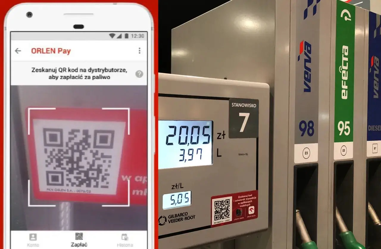 Aplikacja ORLEN Pay gotowa do skanowania kodu QR na dystrybutorze paliwa. Na ekranie telefonu widoczny jest kod, a obok dystrybutor z wyświetloną ceną.