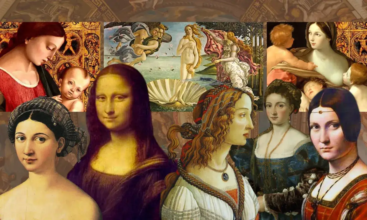 Collage of Renaissance paintings showcasing idealized female figures, reflecting renaissance beauty standards. Mona Lisa, Venus, and mothers with children are featured.