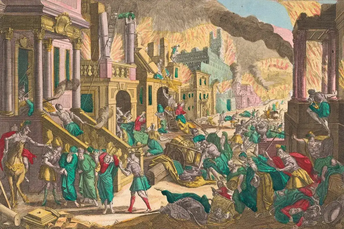 Scena zniszczenia miasta, płonące budynki, ludzie uciekający i walczący. Obraz nawiązuje do psalm 137, opowiadając o babilońskiej niewoli.