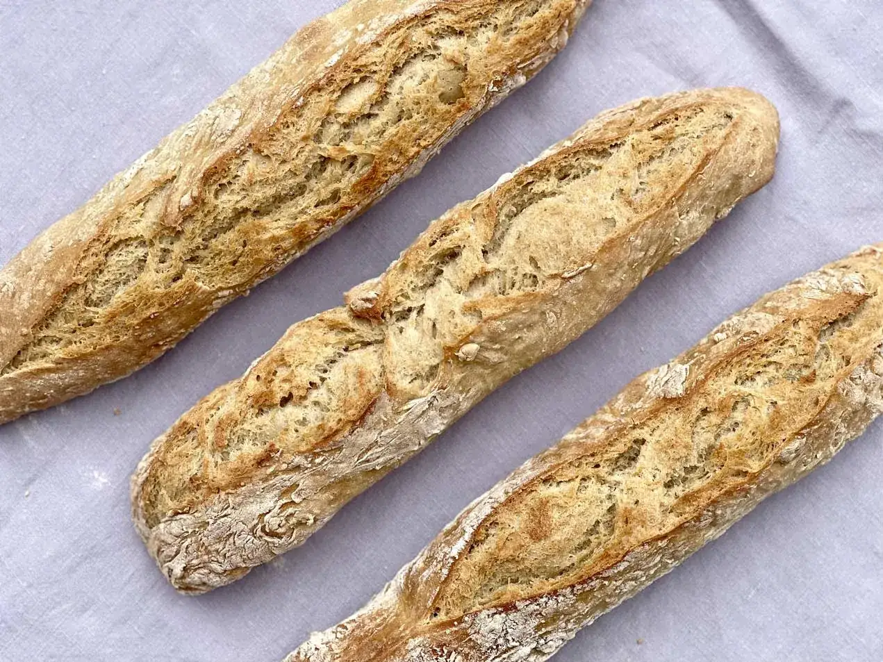Drei frisch gebackene Baguettes liegen nebeneinander auf einem grauen Tuch. Das Ergebnis von