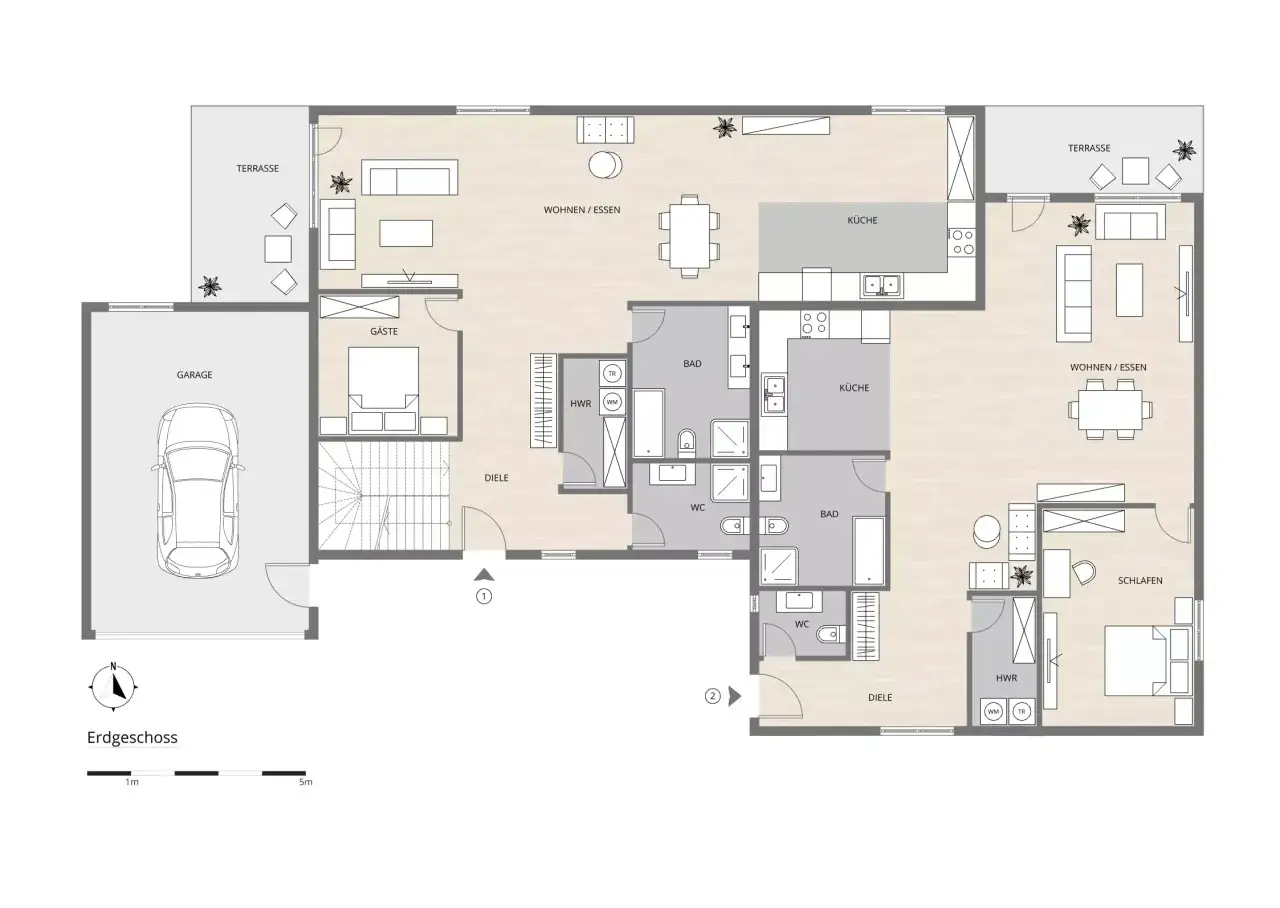 Grundriss Erdgeschoss mit Garage, Terrasse, Wohnen/Essen, Küche, Gästezimmer, Bädern und Schlafzimmer. Einliegerwohnung Vorteile: Flexibilität. Nachteile: Platz.