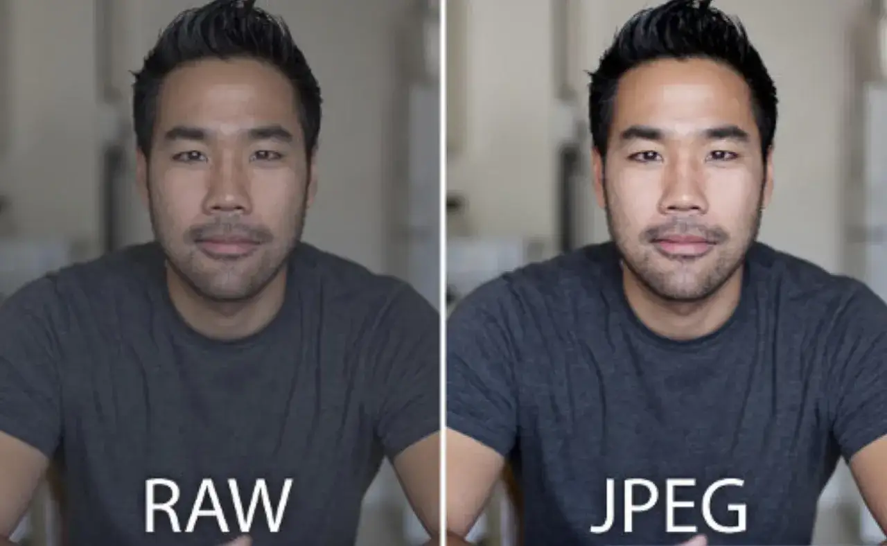 Porównanie portretu mężczyzny: po lewej RAW, po prawej JPEG. Różnice w jakości obrazu między formatami RAW vs JPG.