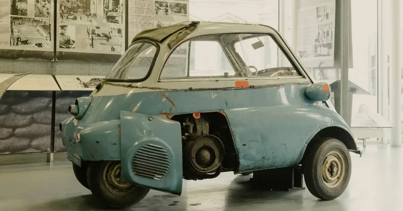 Niebiesko-szare BMW Isetta z widocznym silnikiem, prezentowane w muzeum.