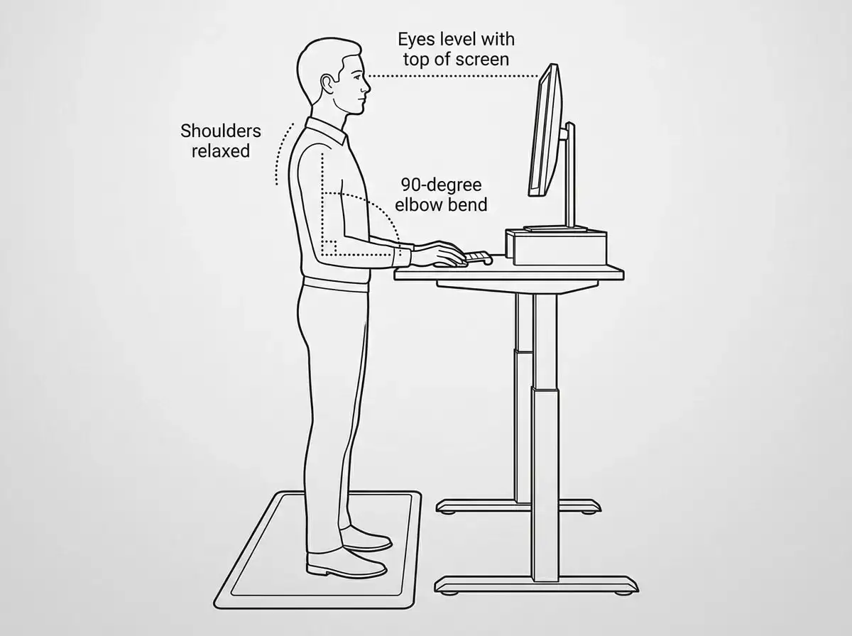 Illustration d'une personne respectant la norme hauteur poste de travail debout : &eacute;paules rel&acirc;ch&eacute;es, coudes &agrave; 90&deg;, yeux au niveau du haut de l'&eacute;cran.