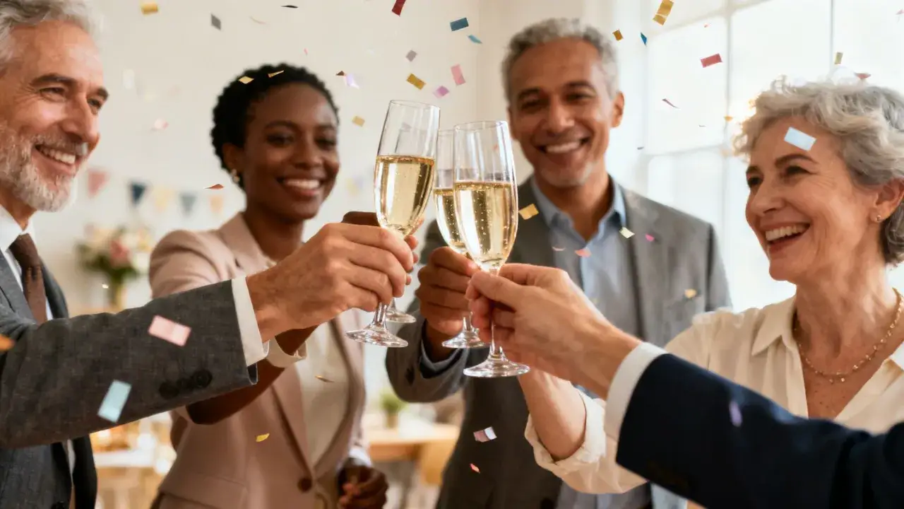 Feiernde Kollegen sto&szlig;en mit Sekt an, Konfetti fliegt. Perfekt f&uuml;r lustige Abschiedslieder zum Abschied eines Kollegen auf Deutsch.