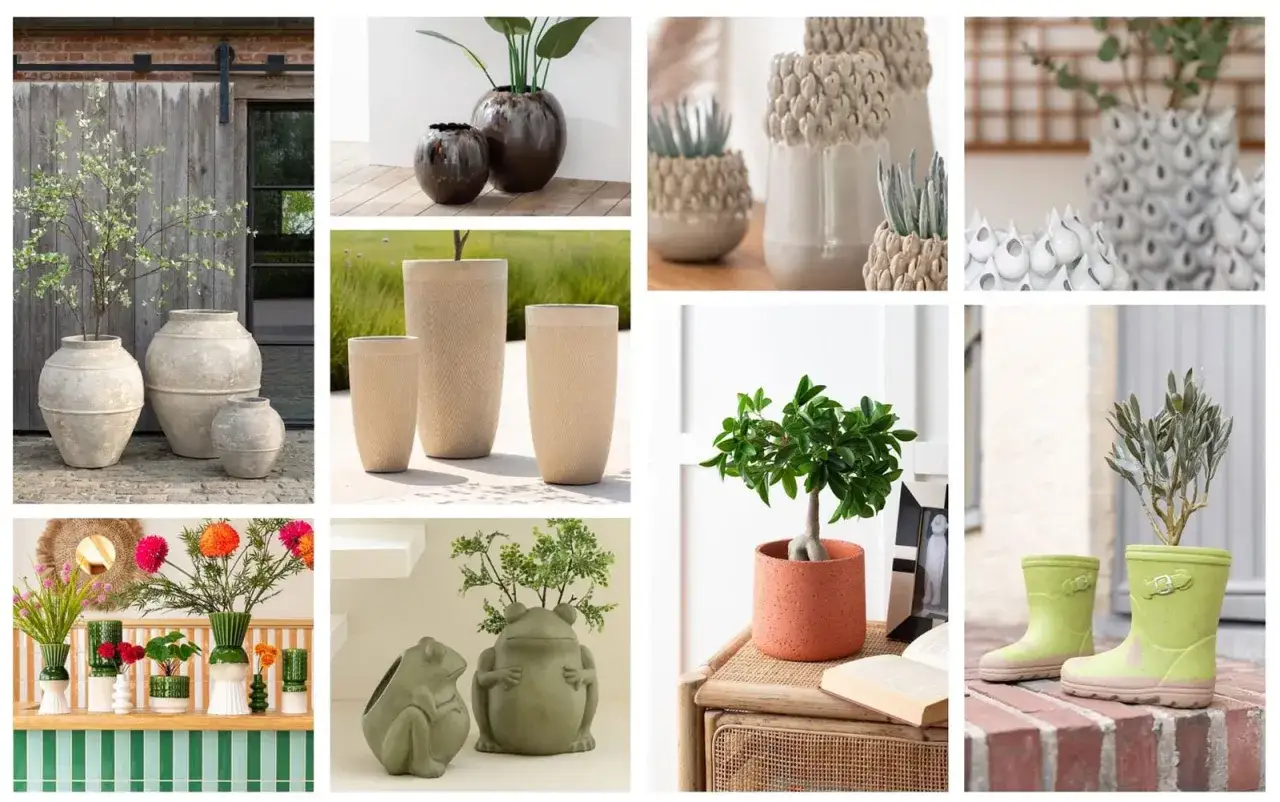Am&eacute;nagement ext&eacute;rieur : pots de fleurs vari&eacute;s pour une plante entr&eacute;e maison. Des pots en terre cuite, des bottes de pluie, des formes originales pour embellir votre ext&eacute;rieur.