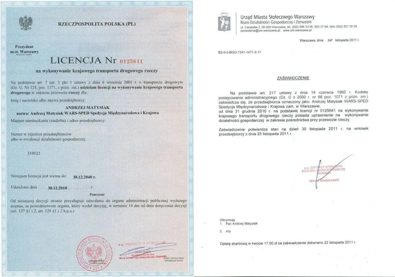 Licencja na pośrednictwo przy przewozie rzeczy