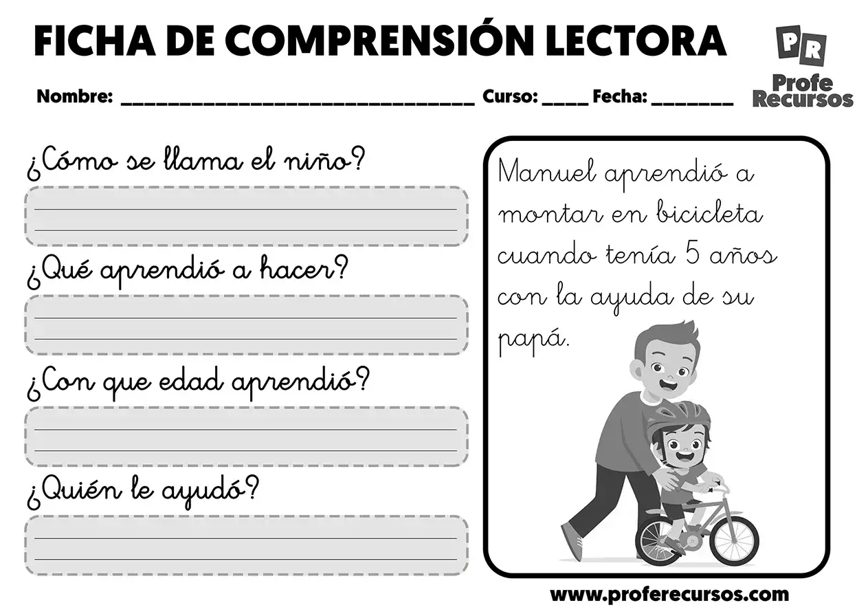 Ficha de comprensi&oacute;n lectora con preguntas sobre Manuel aprendiendo a montar en bicicleta. Incluye un dibujo de un padre ayudando a su hijo.