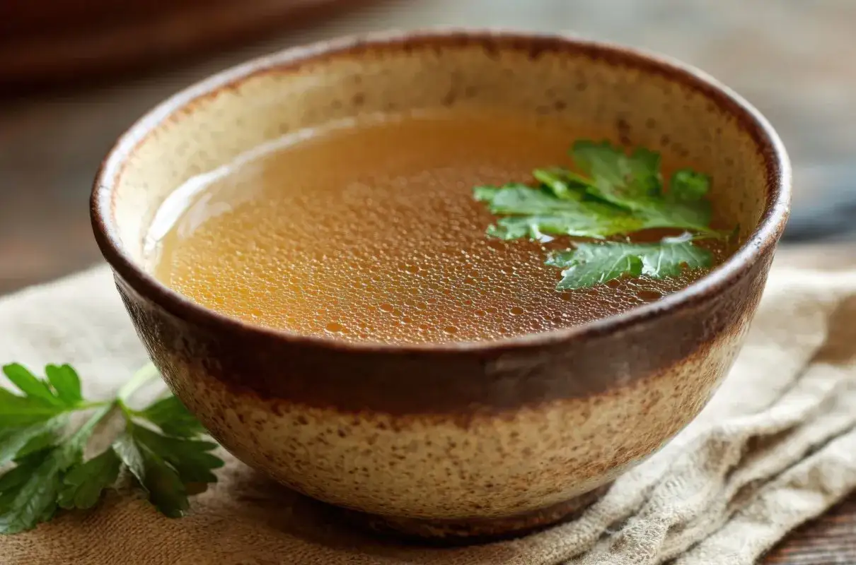 Aromaticzny bulion w glinianej misce, ozdobiony natką pietruszki. Idealny przepis na to, jak zrobić bulion, który rozgrzeje serce.