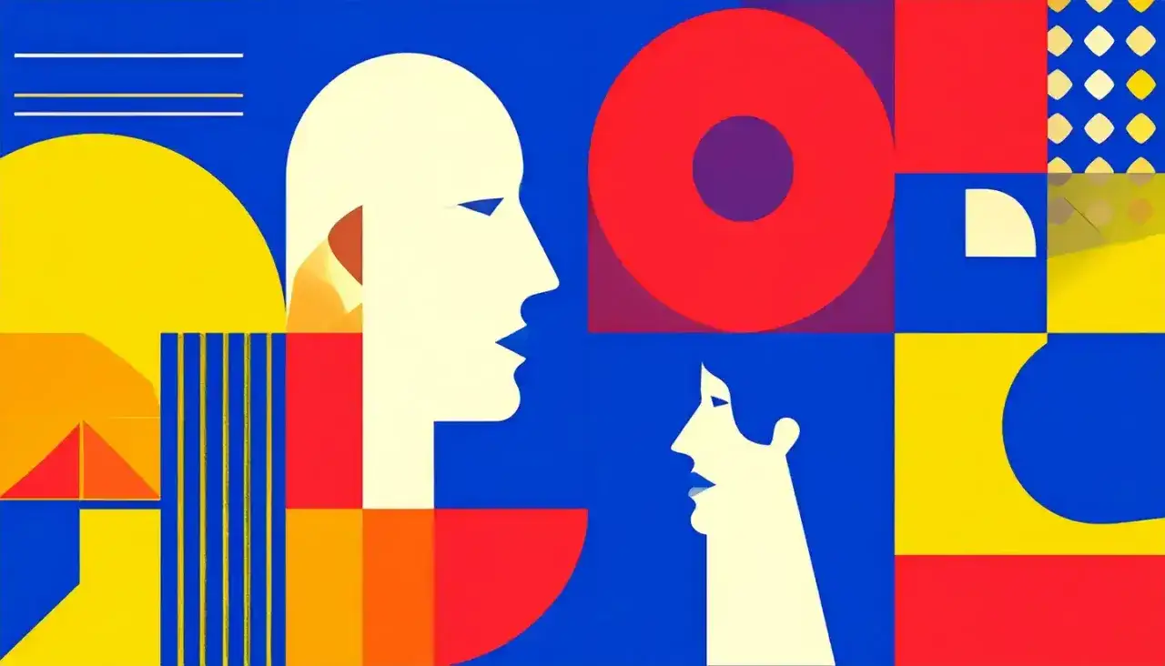 Abstrakcyjna grafika z profilami dwóch osób, symbolizująca różne nurty psychoterapii i dialog.