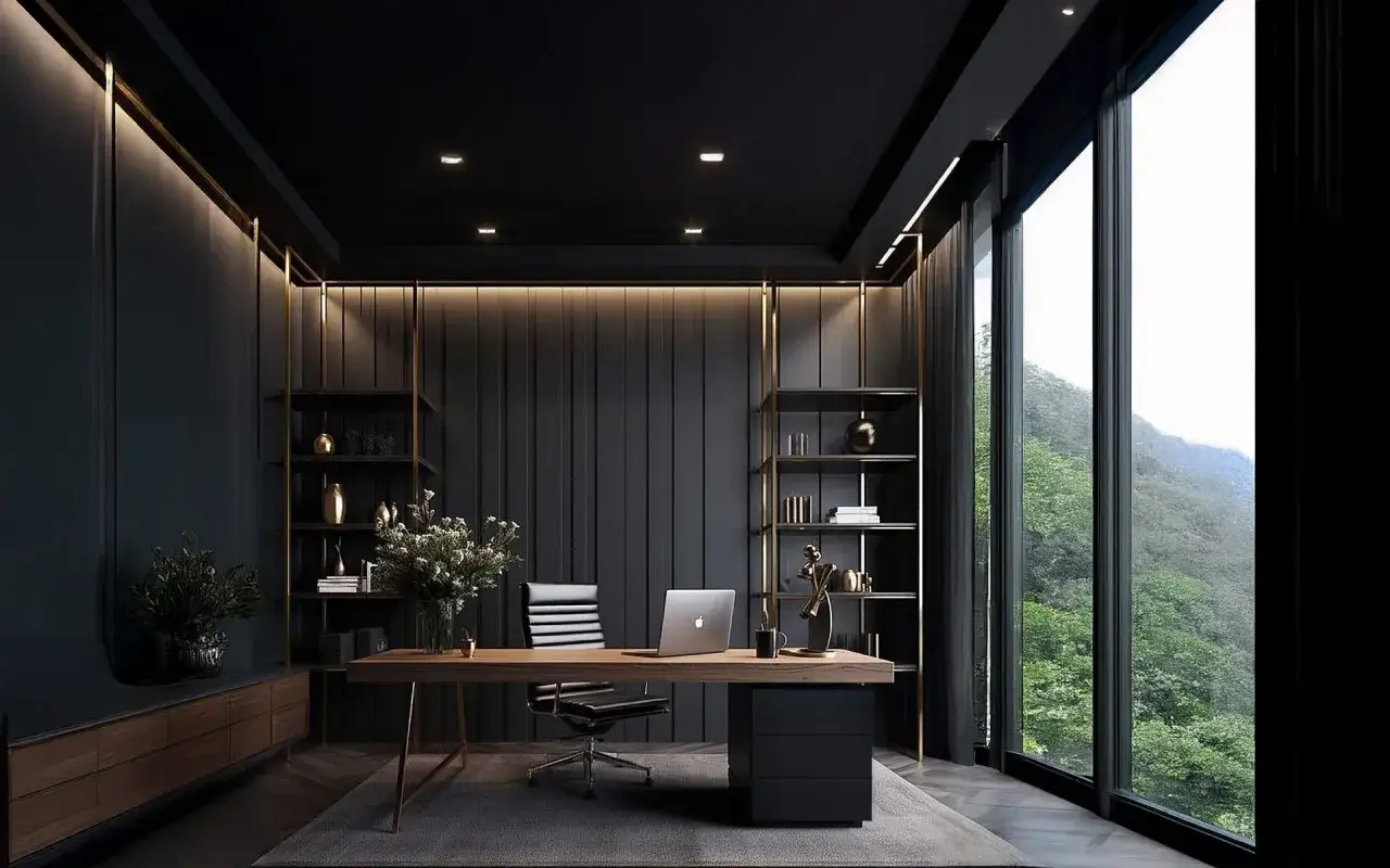 Elegantes Arbeitszimmer mit dunklen Wänden, Holzschreibtisch, Ledersessel und großem Fenster mit Bergblick. Tolle Inspirationen für ein modernes Arbeitszimmer einrichten.