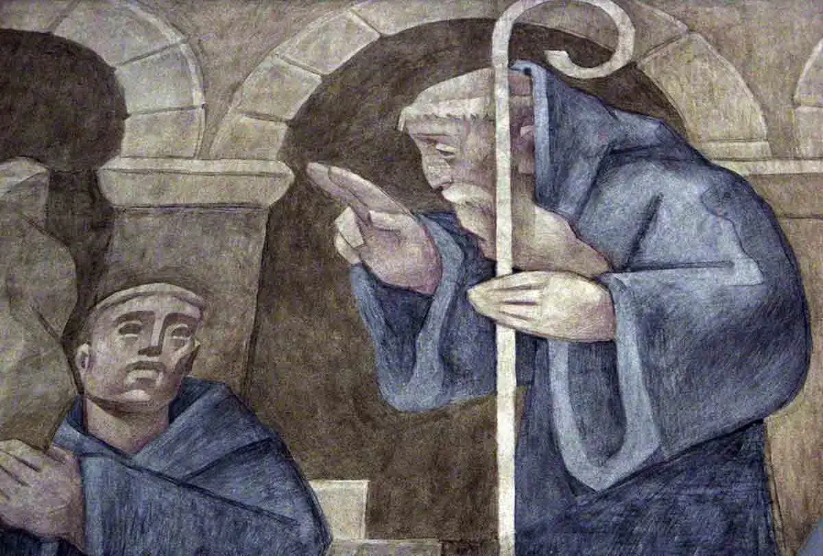 St. Benedict the Abbot, robed and holding a staff, instructs a younger monk beneath stone arches.