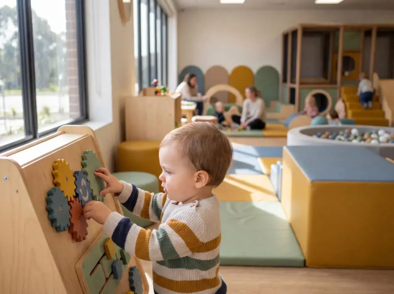 Mały chłopiec bawi się drewnianymi zębatkami, co jest częścią jego pracy z dziećmi w przyjaznym centrum zabaw.