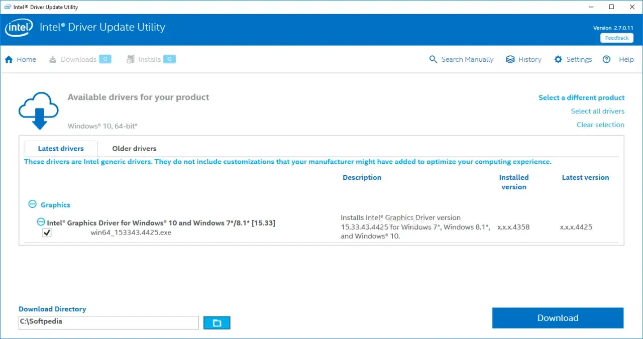 Intel Driver & Support Assistant interfejs