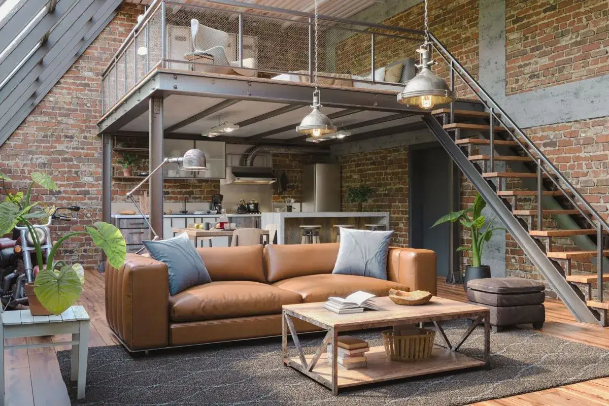 Soggiorno con soppalco basso in stile industriale. Divano in pelle, tavolino in legno, cucina a vista e scala metallica. Ottime idee soppalco basso per sfruttare lo spazio.