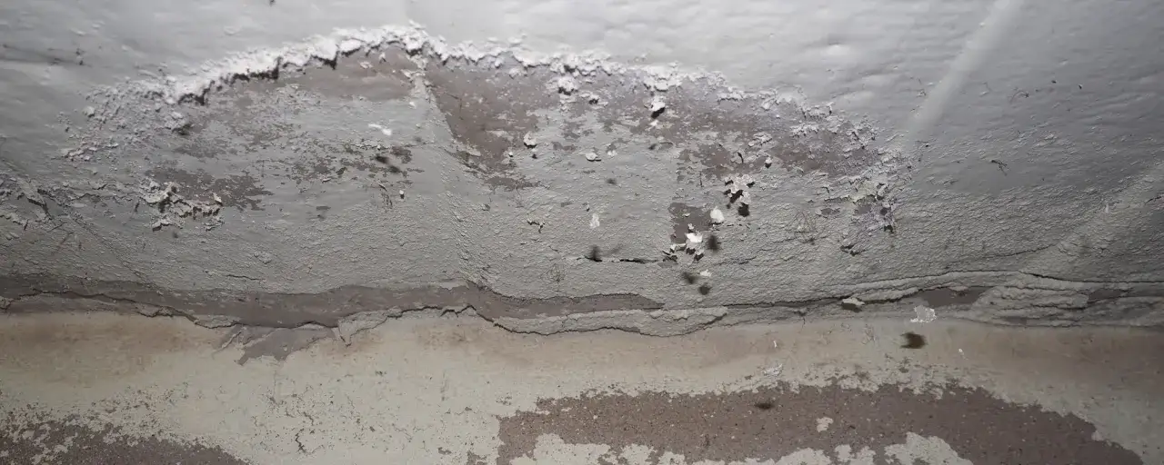 Sch&auml;den an der Wand durch eine undichte Dachrinne. Putz bl&auml;ttert ab, Feuchtigkeit dringt ein.
