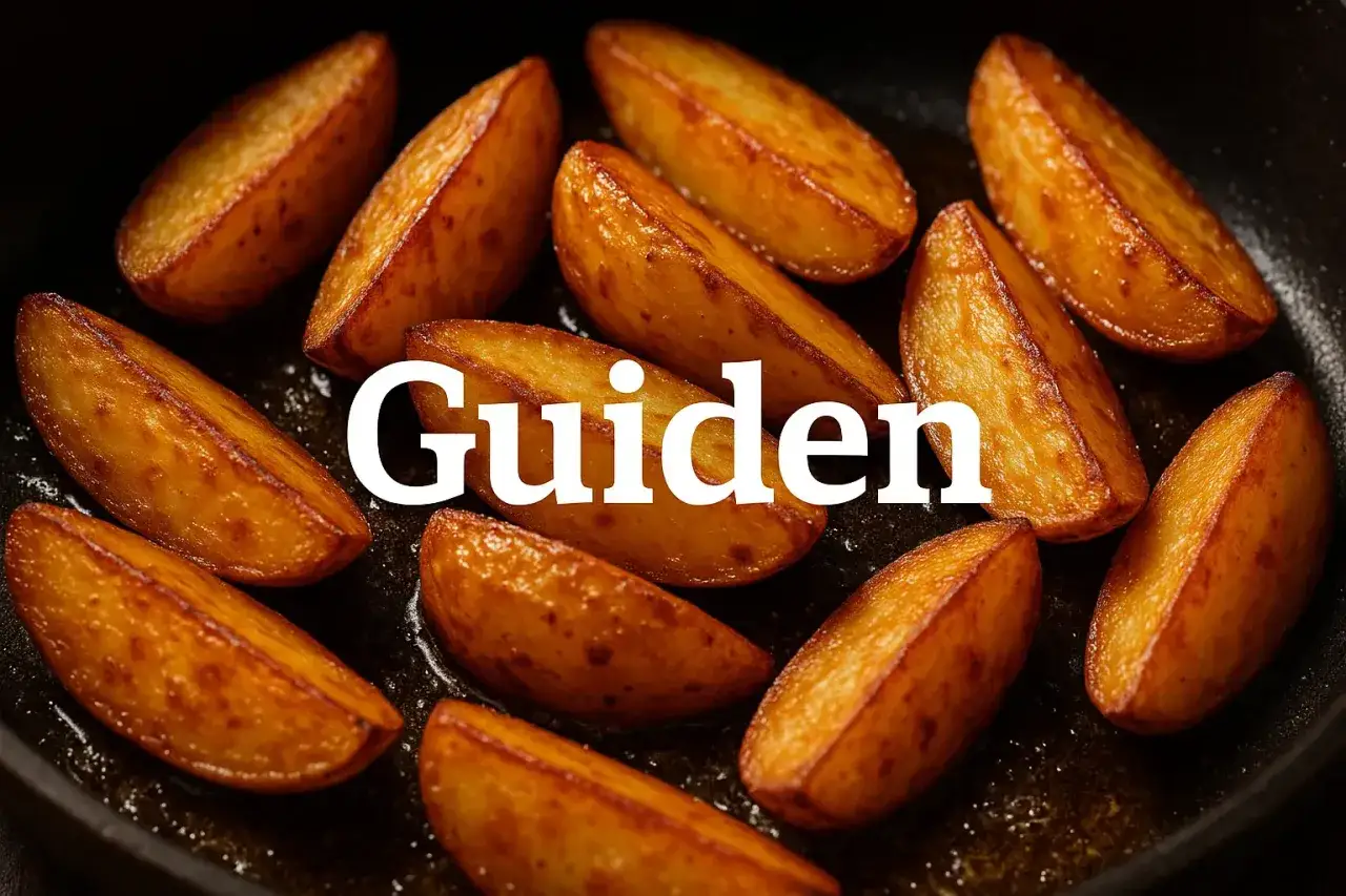 Gyldenbruna, råstekt potatis i klyftor i en stekpanna. Perfekt som tillbehör till middagen.