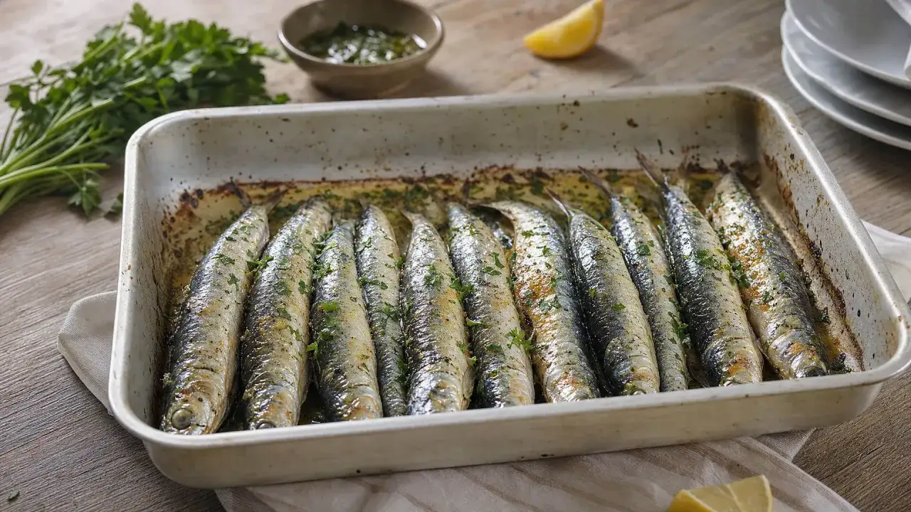 Sardinas al horno recién hechas, doradas y con perejil picado, listas para disfrutar.