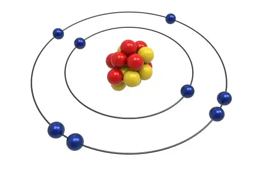 model atomu tlenu z opisem i legendą