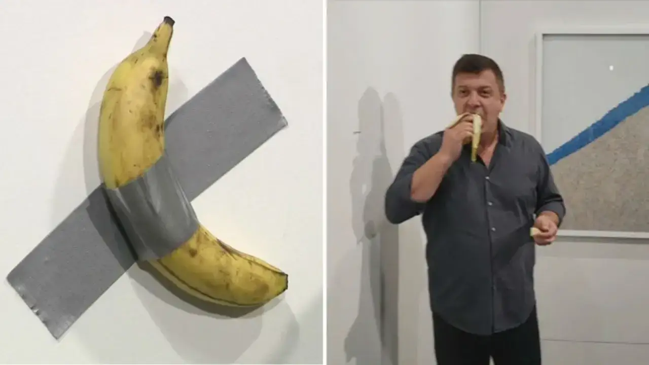 Banan przyklejony do ściany taśmą, obok mężczyzna jedzący banana.