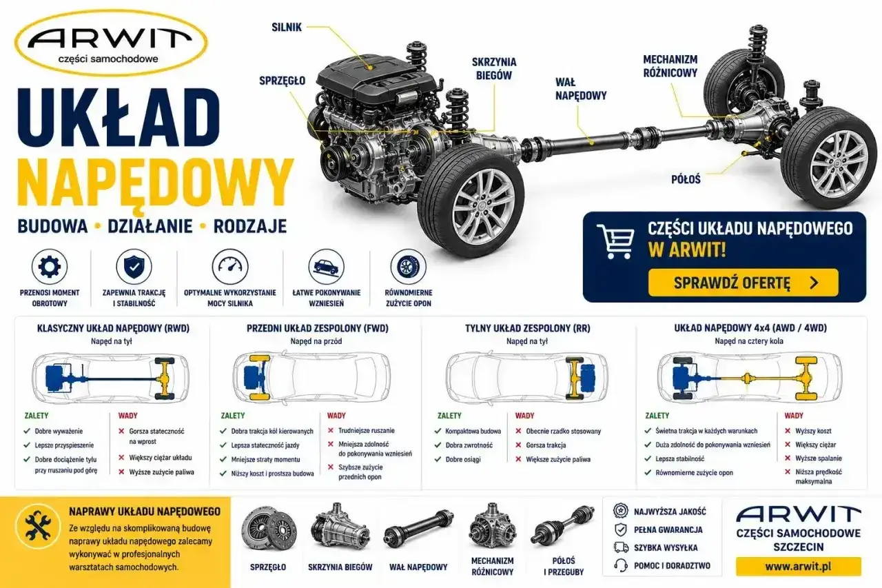 Schemat układu napędowego: silnik, skrzynia biegów, wał napędowy, mechanizm różnicowy, półosie. Dowiedz się, co to jest dyferencjał i jak działa.