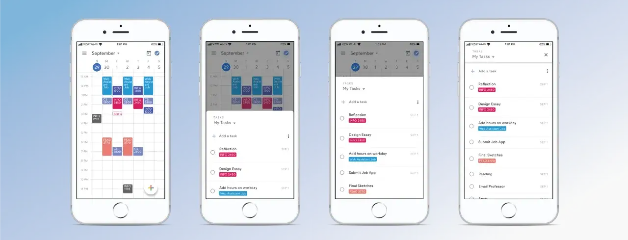 Quatre &eacute;crans de t&eacute;l&eacute;phone affichant une appli organisation avec un calendrier et une liste de t&acirc;ches pour septembre.