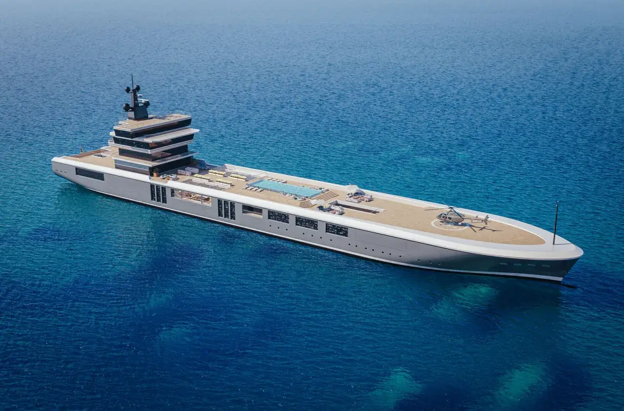 Lussuoso yacht di Gianluca Vacchi con piscina, eliporto e vista mozzafiato sul mare blu.