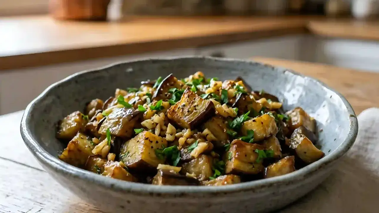 Un plat appétissant d'aubergines sautées, garni de persil frais et de noix croquantes, dans un bol rustique.