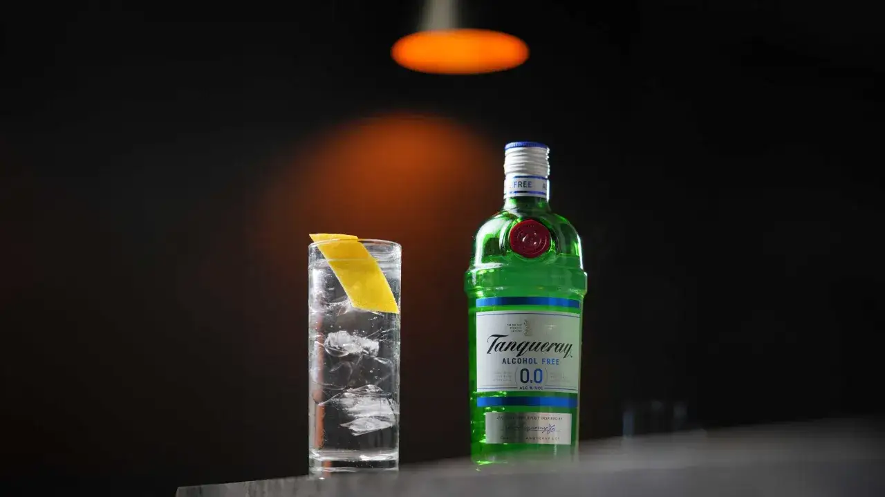 Erfrischender Drink mit Tanqueray Gin alkoholfrei, Eis und Zitronenzeste. Ein tolles Rezept f&uuml;r alkoholfreie Genussmomente.